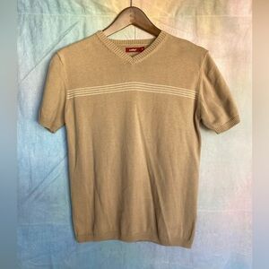 CELIO Unisex Beige Tan Brown Knit V-neck Striped Short Sleeve Sweater